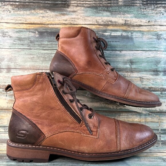 Skechers Ankle Boot Mens Sz 8.5 Brown Leather Zip Cap Toe Combat Moto Distressed - Picture 1 of 13